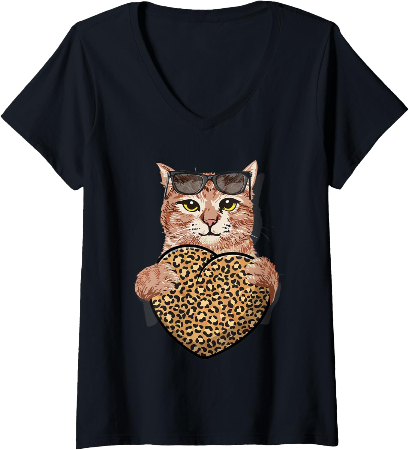 Womens Cool Cat holding Cheetah Leopard Print Heart Valentines Day V Neck Apparel Comfort Fit US Top Pick
