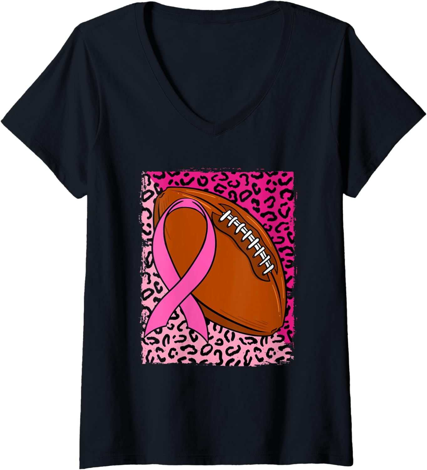 Womens Football Pink Awareness Ribbon Breast Cancer Cheetah Print V Neck Apparel Trending US Everyday Wear