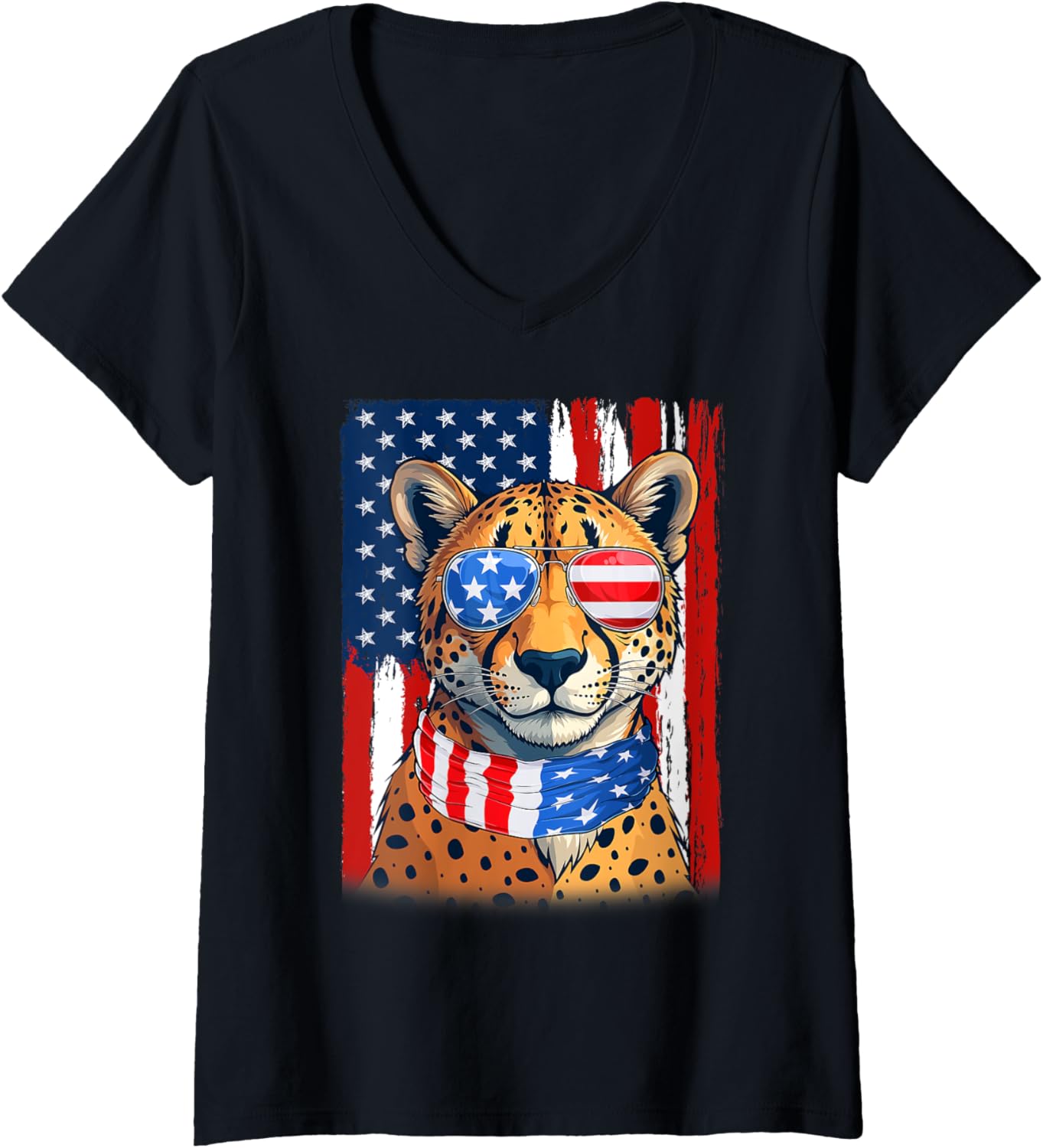 Womens Cheetah US America Flag Men Women 4th of July Patriotic V Neck Apparel Premium Print Hot Right Now