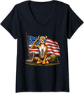 Womens Salute Cheetah American USA Flag Memorial Day 4th of July V Neck Apparel Trending US Everyday Wear