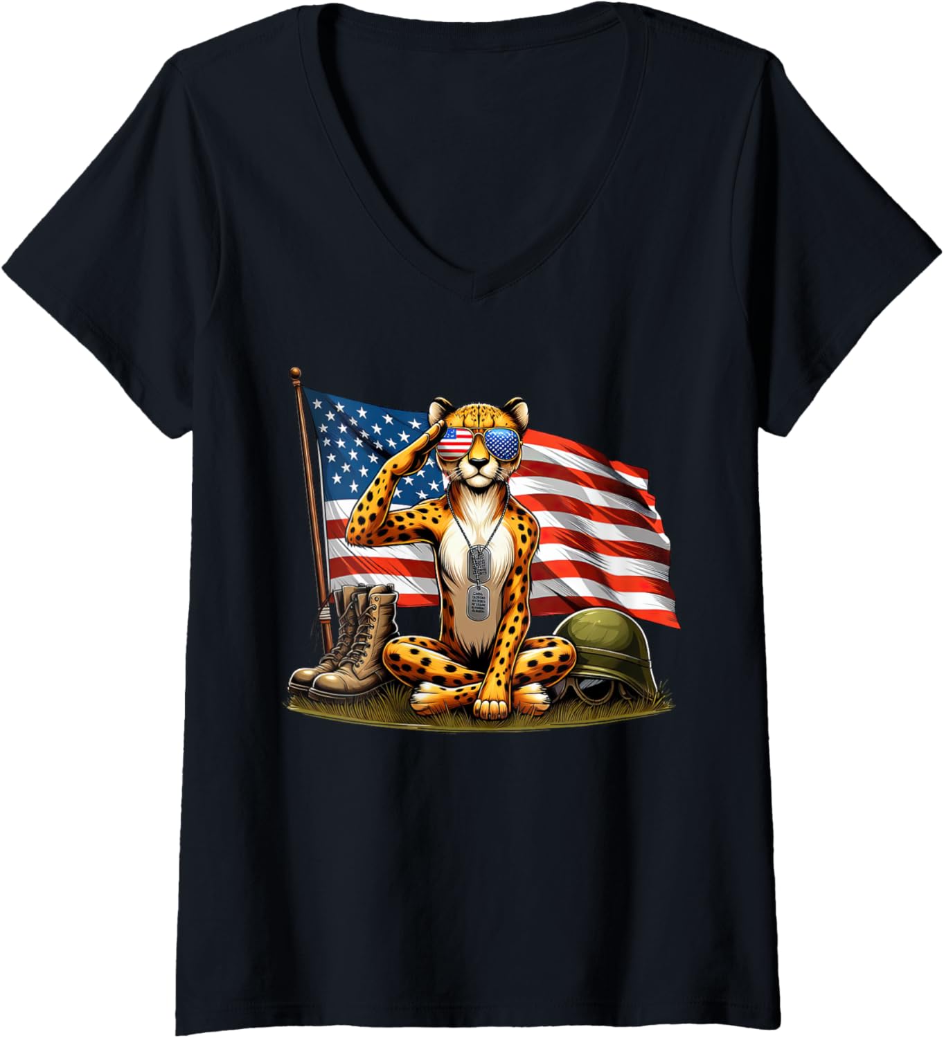 Womens Salute Cheetah American USA Flag Memorial Day 4th of July V Neck Apparel Trending US Everyday Wear