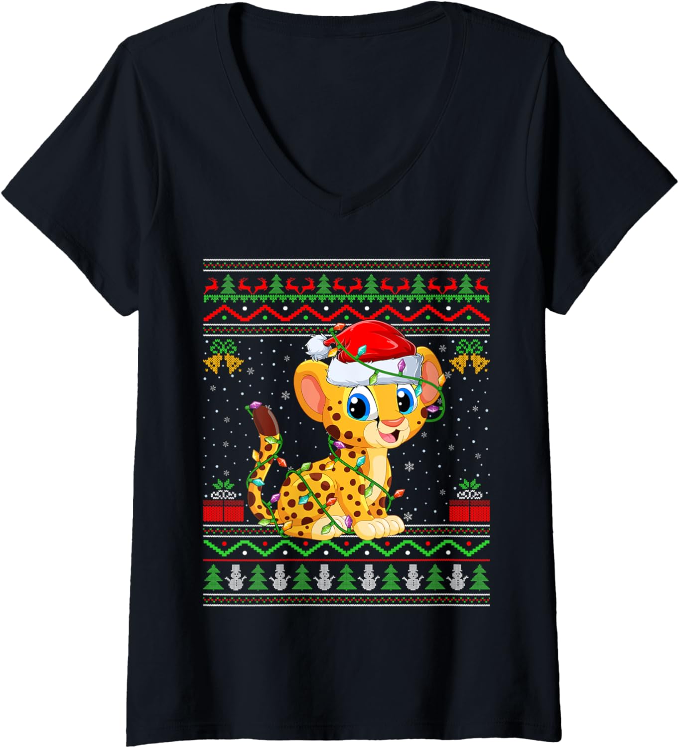 Womens Cheetah Christmas Lights Santa Ugly Sweater Xmas V Neck Sweater Comfort Fit Hot Right Now