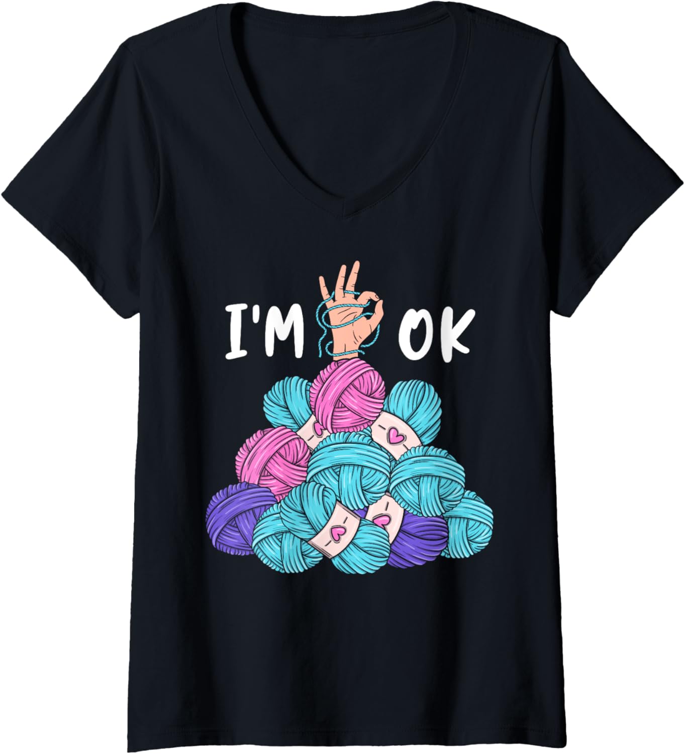 Womens I'm OK Knitting Lover Yarn Enthusiast Knit Crocheting Pun V-Neck Yarn Supply | High Search Volume | Customer F...