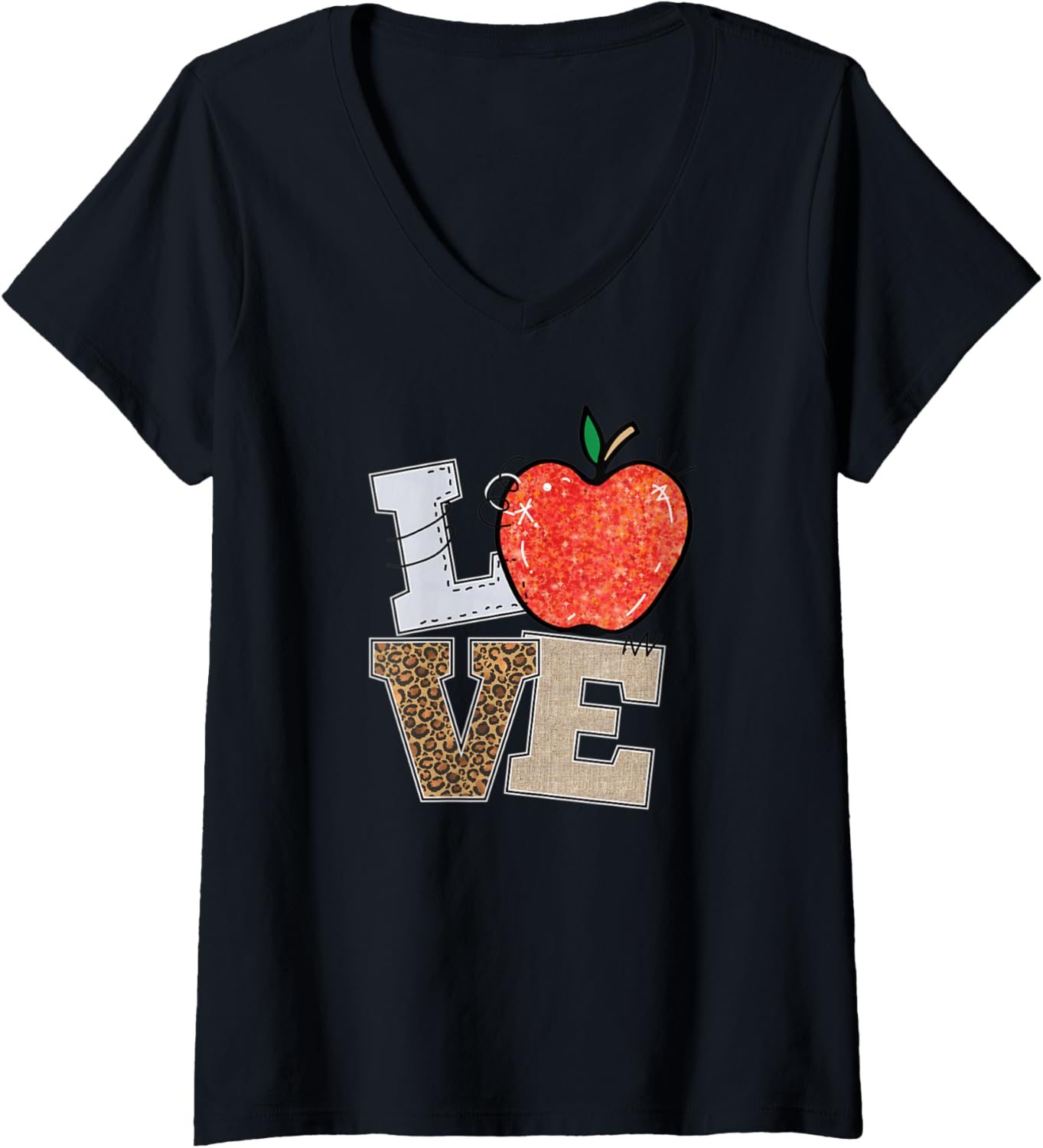 Womens Love Cute Apple Cheetah Print V Neck Apparel Premium Print Fan Favorite