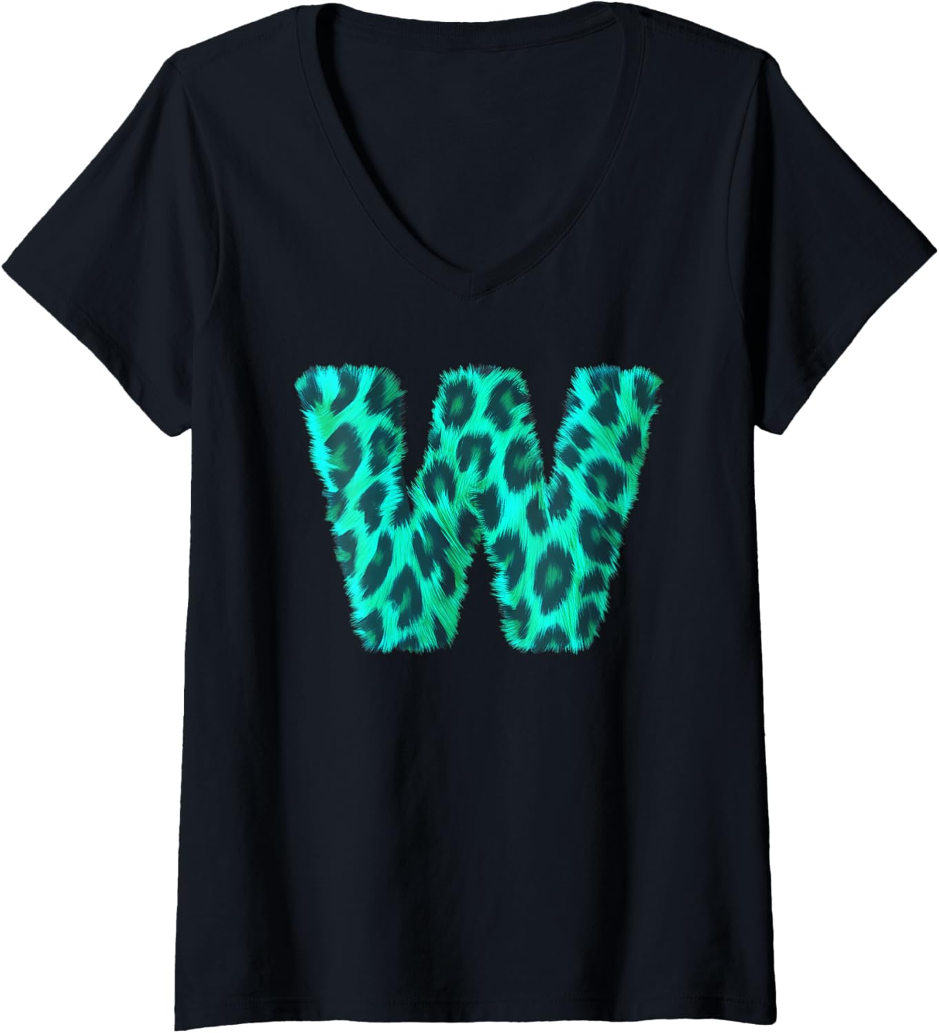 Womens Letter W Cheetah Leopard Print Blue Initial Zebra Matching V Neck Apparel Comfort Fit Gift Ready