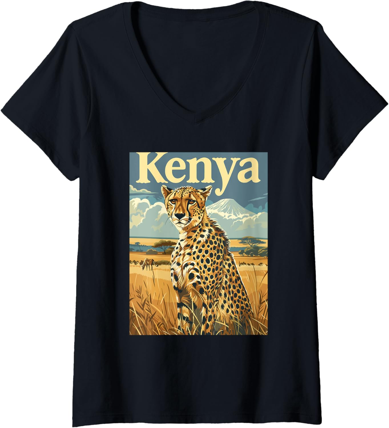 Womens Kenya Cheetah Landscape Safari Art V Neck Apparel High Search Demand US Top Pick