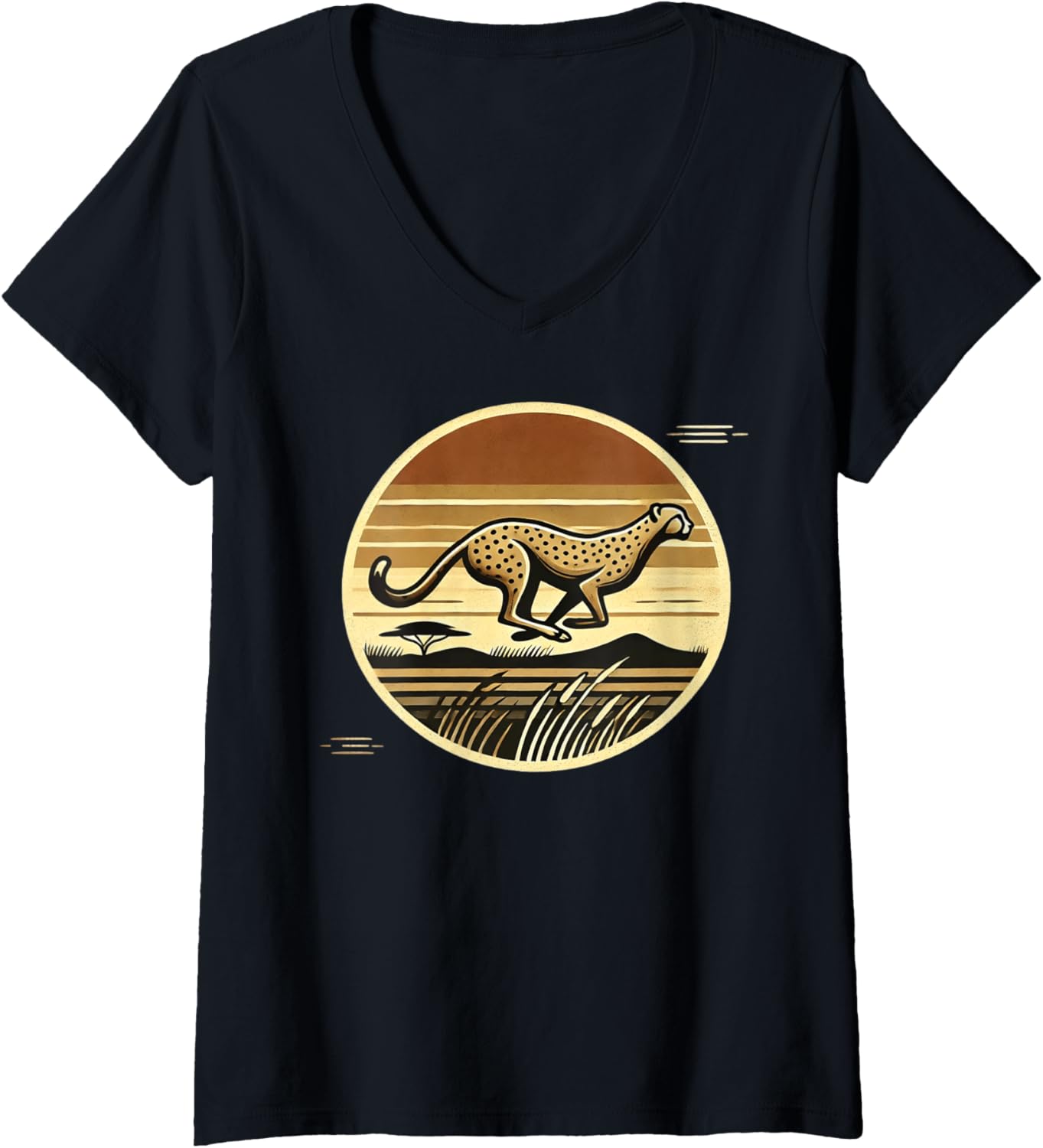 Womens Silhouette Running Mammal Wildlife Savanna Retro Cheetah V Neck Apparel Trending US US Top Pick