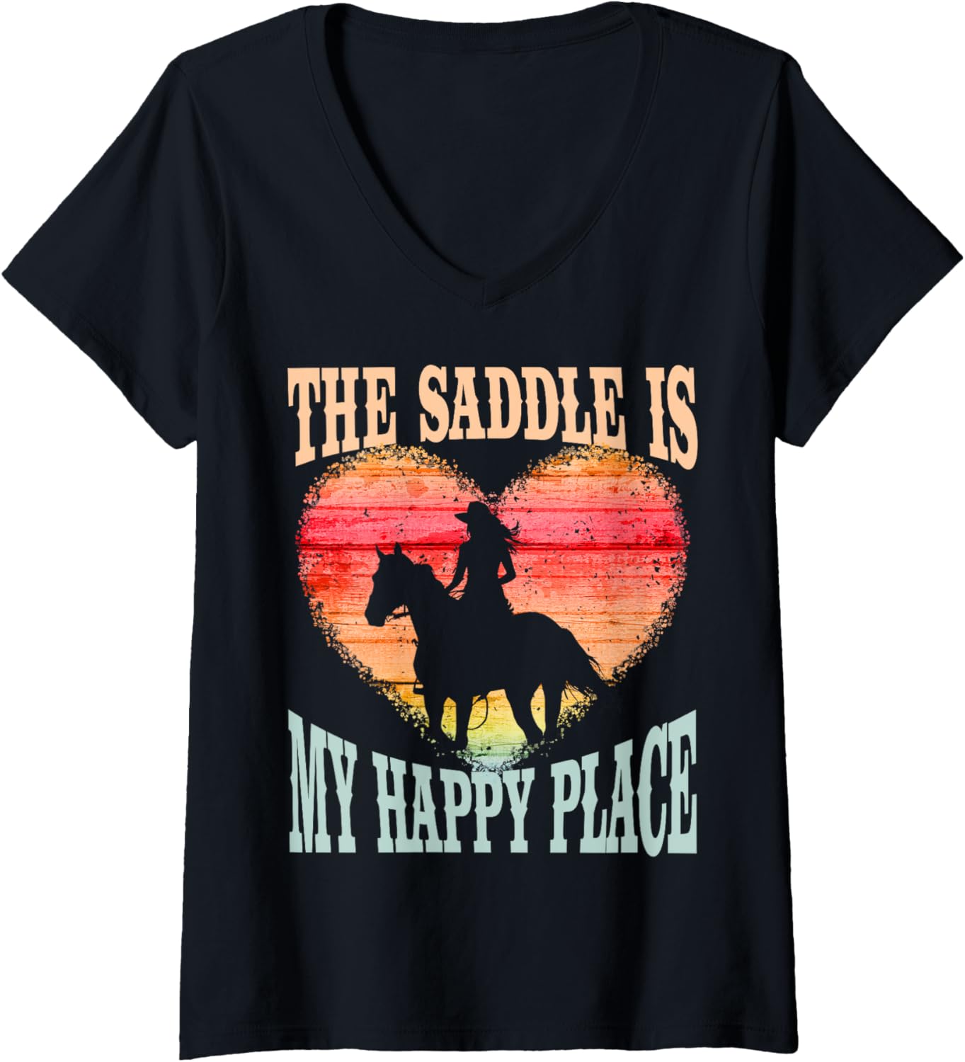 The Saddle Is My Happy Place Girl Riding Horse Silhouette V-Neck Apparel | Top Conversion Title | High CTR Boost
