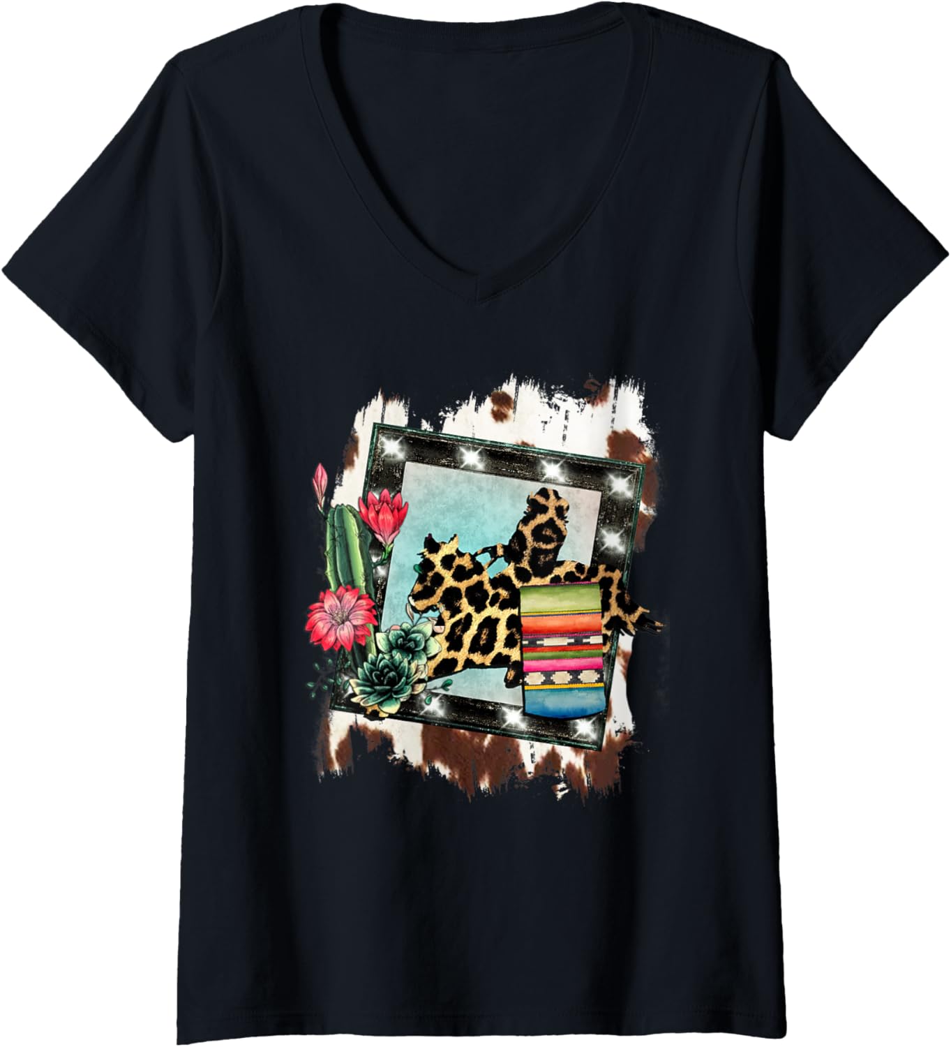 Womens Barrel Racing Cheetah Print Rodeo Cowgirl Cactus Design V Neck Apparel Comfort Fit Everyday Wear