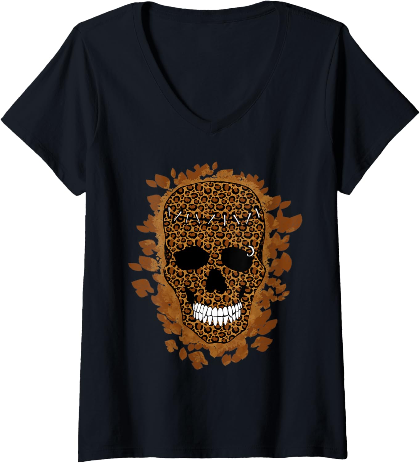Womens Smiling Leopard Print Skull Tee Fall Autumn Leaf Fashion V Neck T Shirt High Search Demand US Top Pick