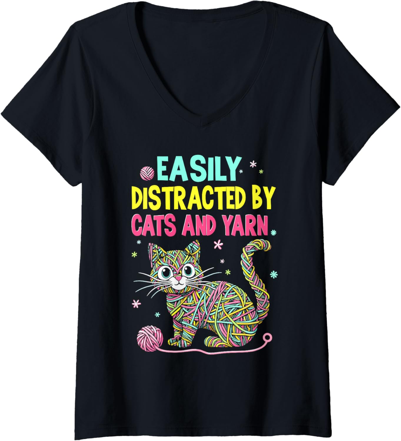 Womens Easily Distracted By Cats And Yarn Knitting Yarn Crochet cat V-Neck Yarn Supply | Viral US Pick | Customer Fav...