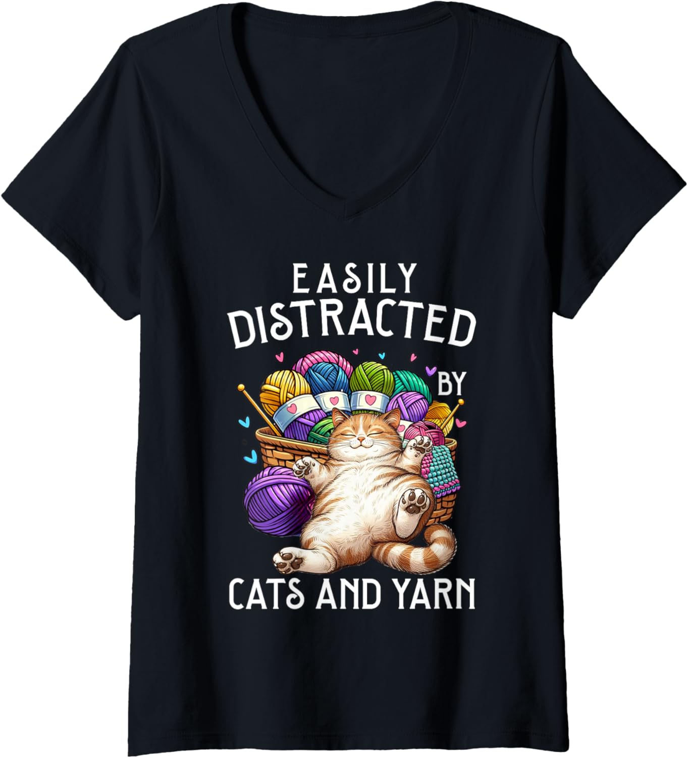 Womens Easily Distracted By Cats And Yarn Funny Knitting Crocheting V-Neck Yarn Supply | Viral US Pick | Best Seller ...