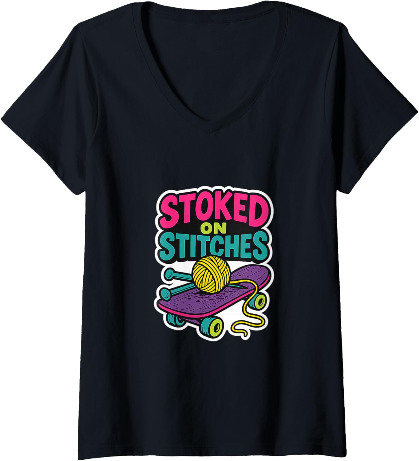 Womens Stoked on Stitches Knitting Skateboard Retro Yarn Design V-Neck Yarn Supply | Premium Quality | Best Seller Ch...