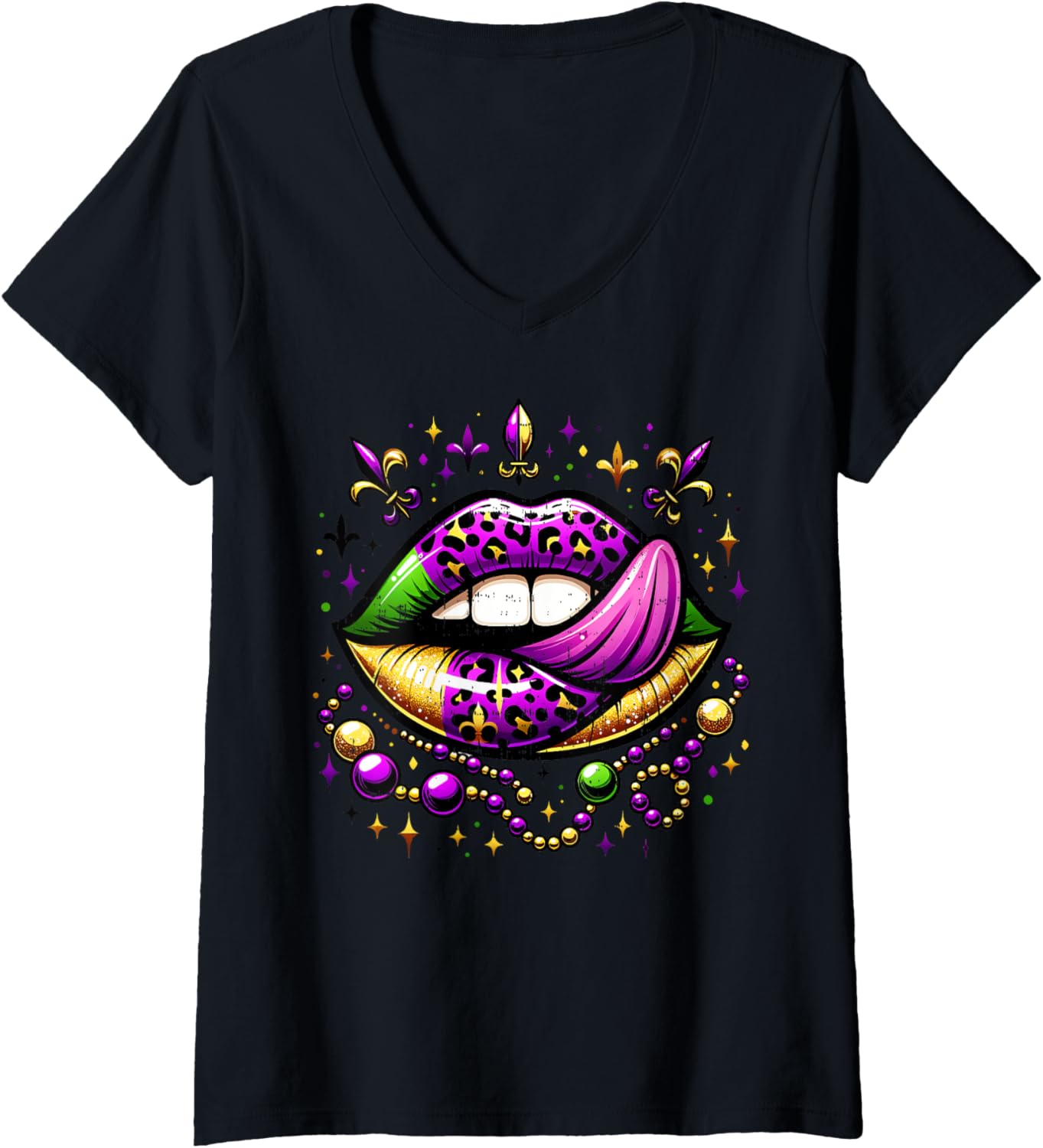 Womens Mardi Gras Outfit Women Queen Lips Cheetah Print Trendy V Neck Apparel High Search Demand US Top Pick