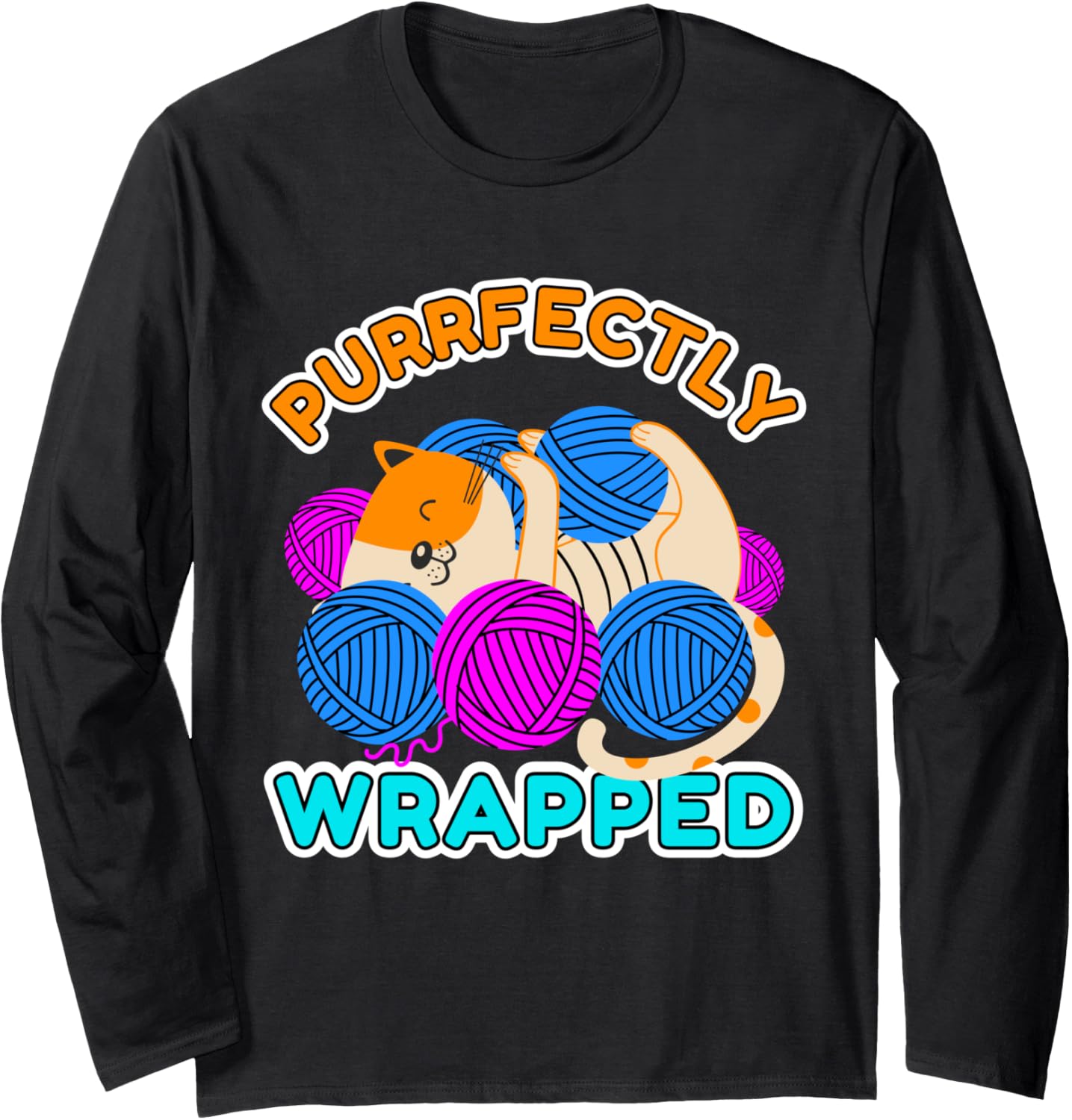 Funny Cat and Yarn Lover Tee - Purrfectly Wrapped Cat Long Sleeve T-Shirt | Trending 2025 | Best Seller Choice