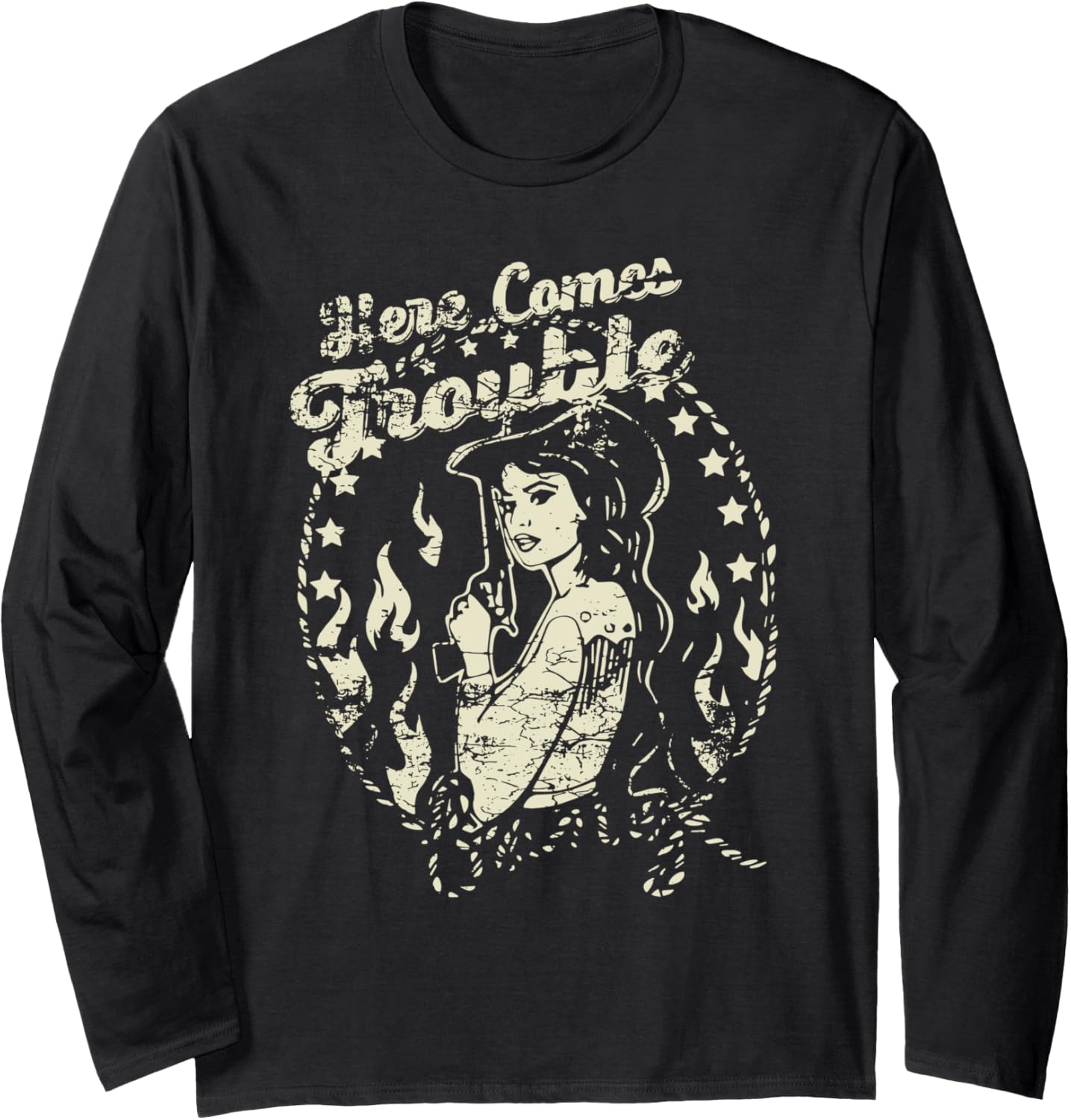 Here Comes Trouble Funny Troublemaker Cowgirls Long Sleeve Apparel | High Search Volume | Comfort Daily Wear