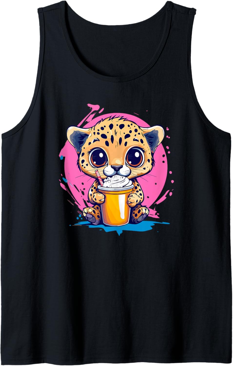 Cute Cheetah Drinking Milkshake Illustration Tank Top Tank Top Streetwear Style Hot Right Now
