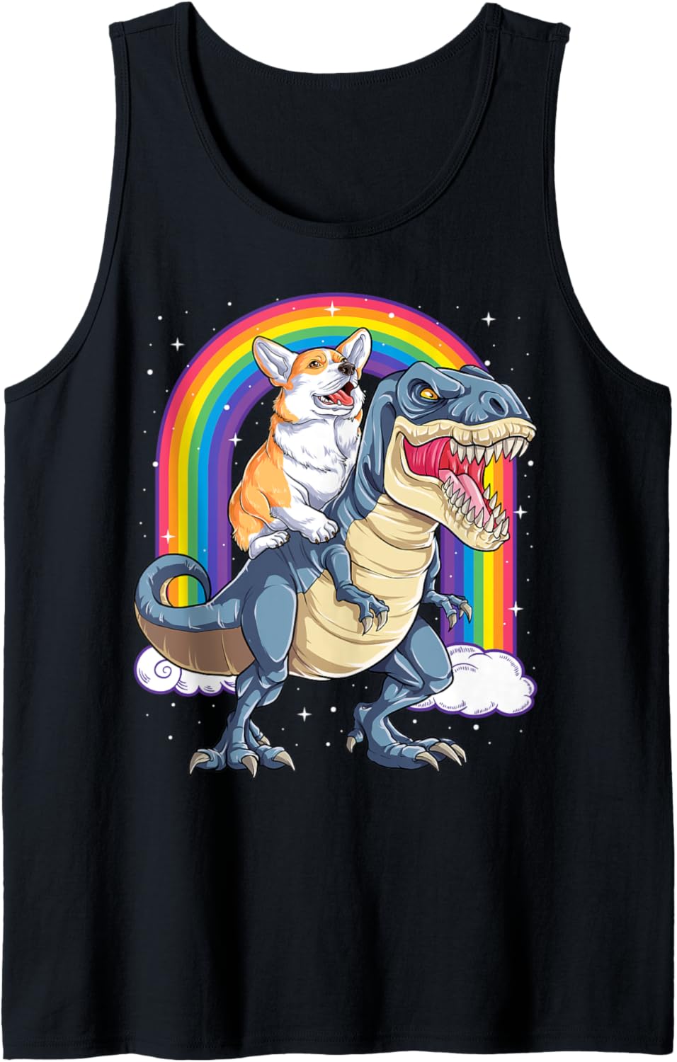 Corgi Riding Dinosaur T rex Boys Girls Space Galaxy Rainbow Tank Top Apparel | Bestseller Style | Customer Favorite