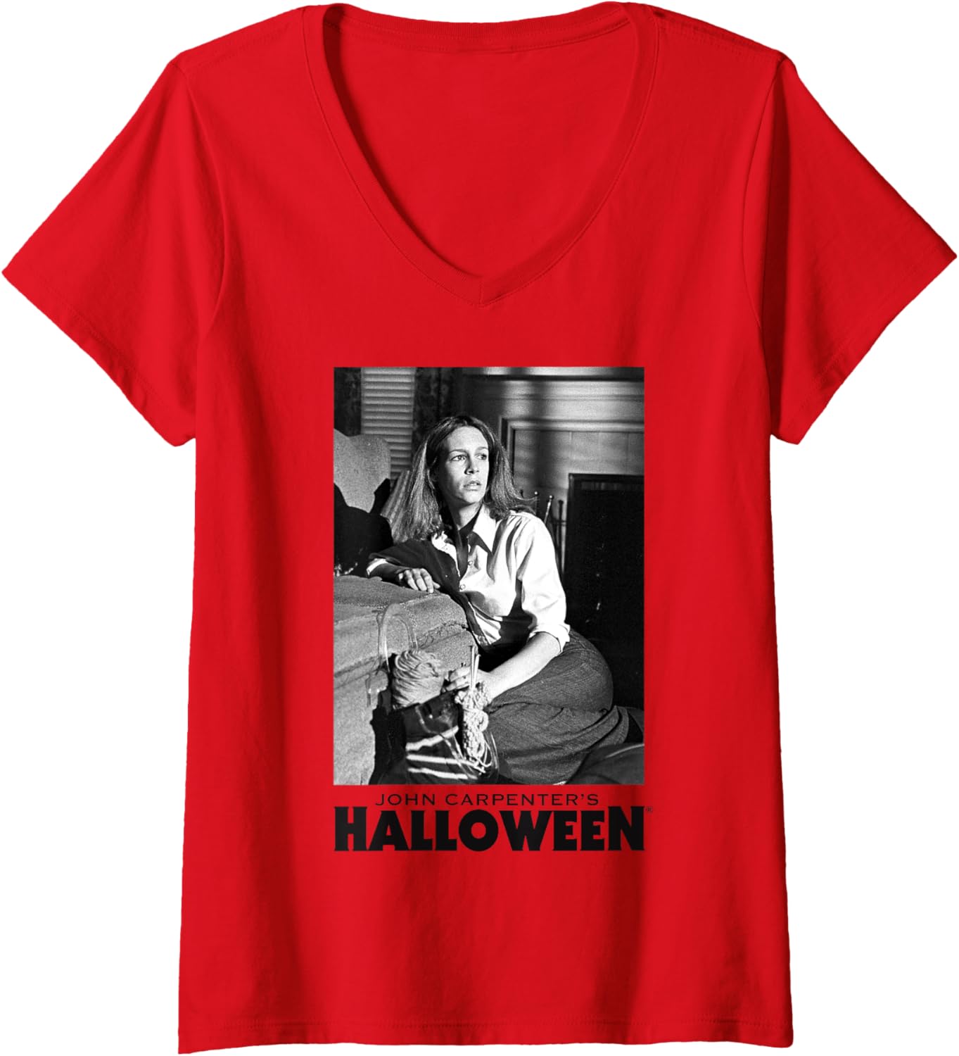 Womens Halloween Laurie Strode Hiding From Michael V-Neck Apparel | Perfect Gift Idea