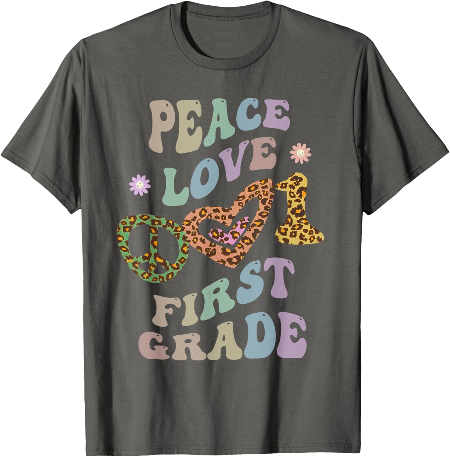 Rainbow PEACE LOVE FIRST GRADE Leopard Print Retro 1st Gr Apparel Streetwear Style Gift Ready