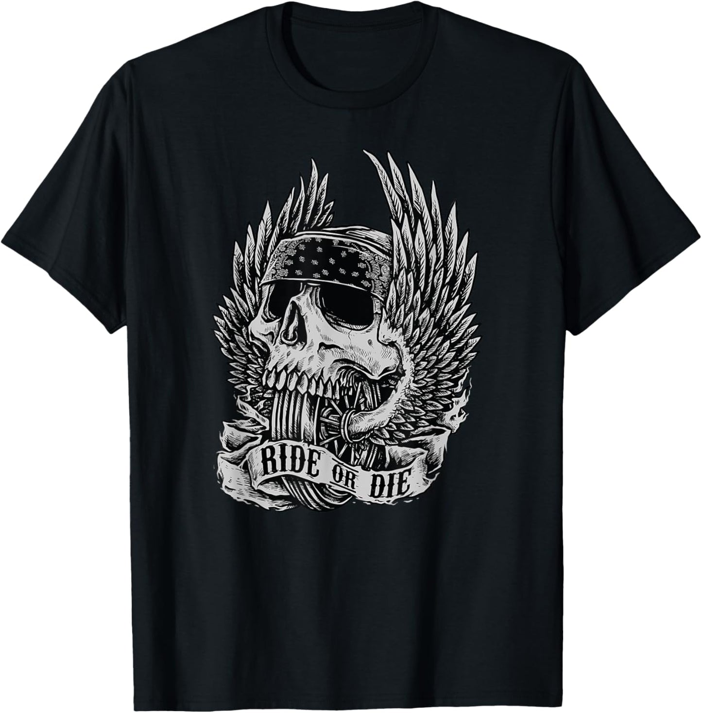 Ride Or Die Biker Skull and Winged Wheel Art Design Apparel | Viral US Pick | Customer Favorite
