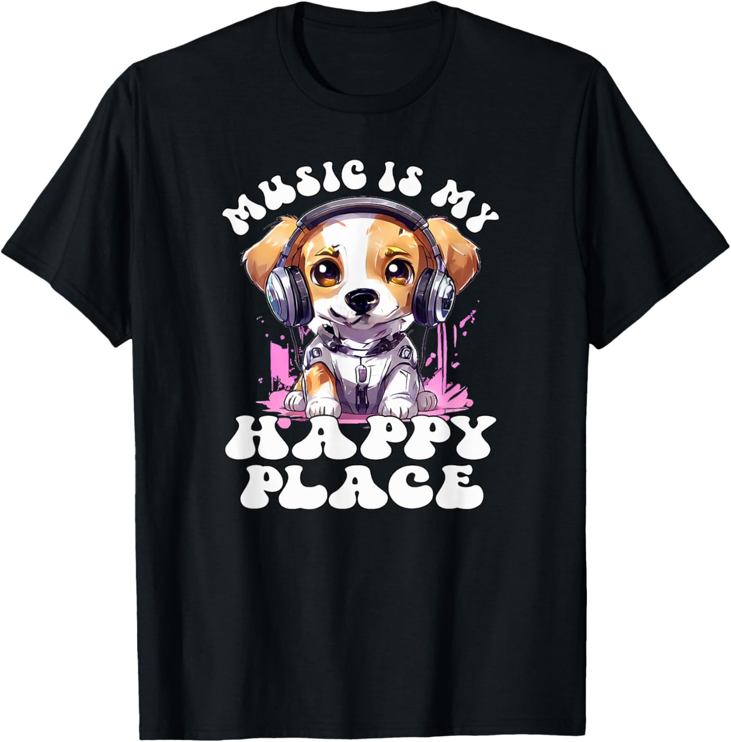Music Is My Happy Place, Cute Headphone Dog Music Lover T-Shirt for Men Women Kids T-Shirt | Google Shopping Optimized | High CTR Boost