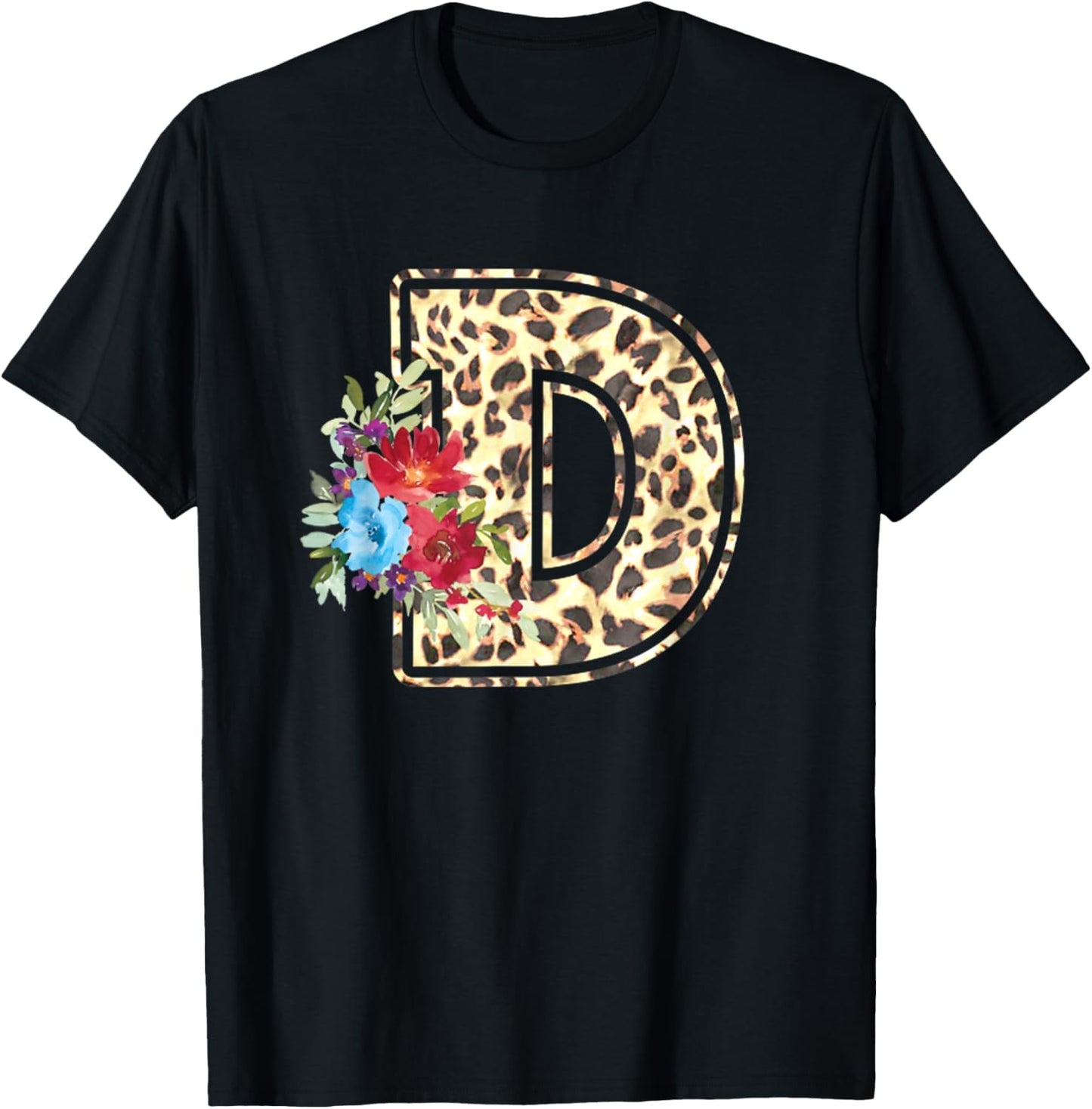 Letter D Initial Leopard Cheetah Print Flowers Watercolor Apparel High Search Demand Gift Ready