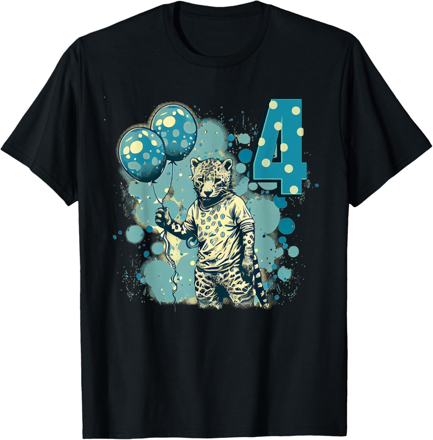 Happy 4th Birthday cheetah holding a bunch of balloons Apparel Trending US Best Seller Look