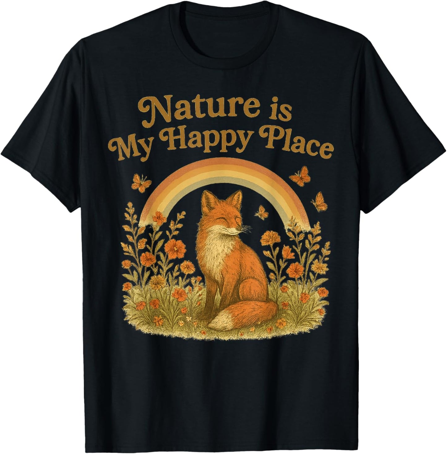 Nature Is My Happy boho Place Retro cottagecore Fox Rainbow Apparel | Trending 2025 | Customer Favorite