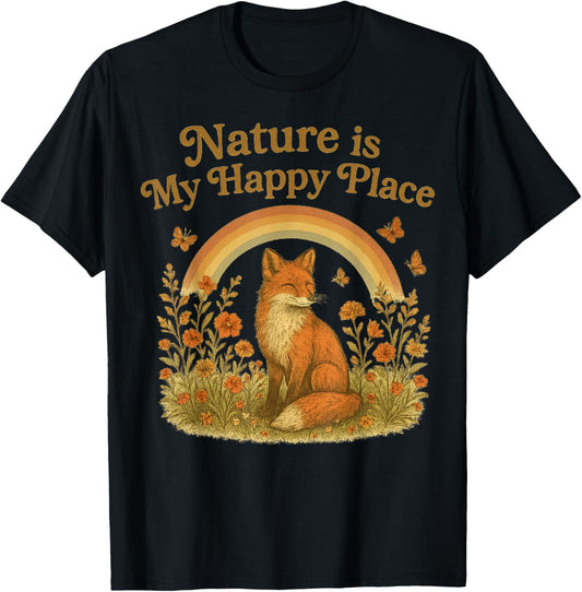 Nature Is My Happy boho Place Retro cottagecore Fox Rainbow Apparel | Trending 2025 | Customer Favorite