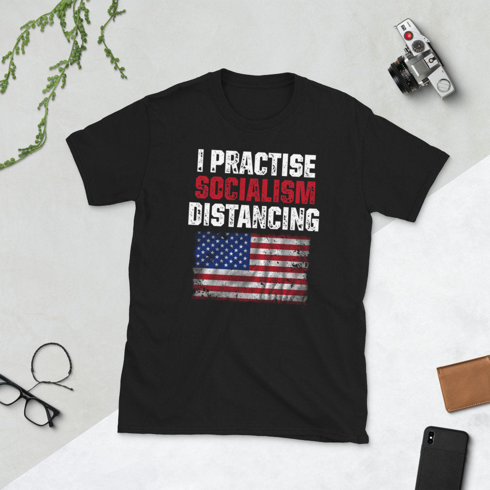 Practise Socialism Distancing US Flag T Shirt Graphic Tee – Easygoing Wear · Must-Have Style