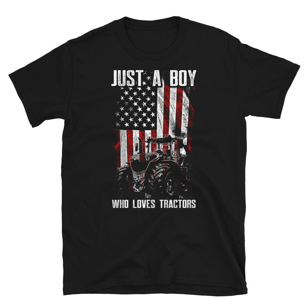 Farmer US Flag Just A Boy Who Loves Tractors T Shirt Graphic Tee – Feel-Good Design · High-Quality Print