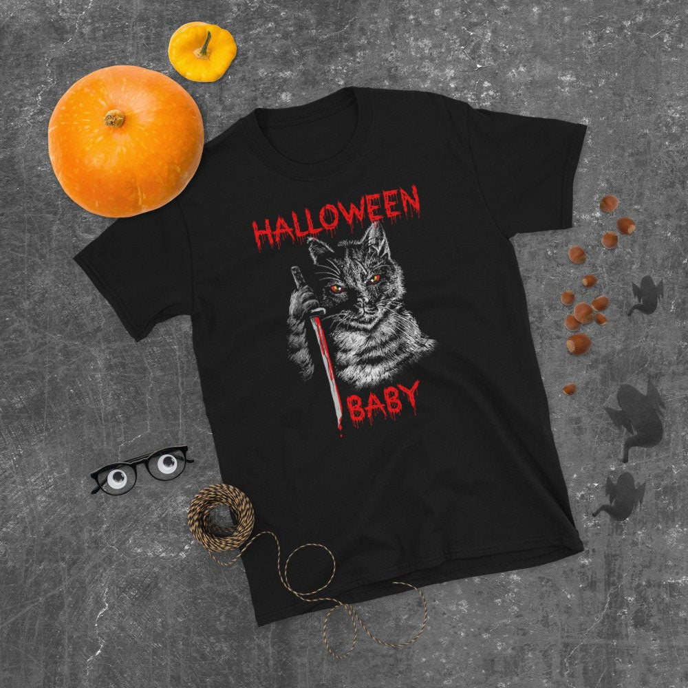 Halloween Scary black Cat with Ninja Sword T Shirt Graphic Tee – Premium Graphic · Top Pick For Any Outfit