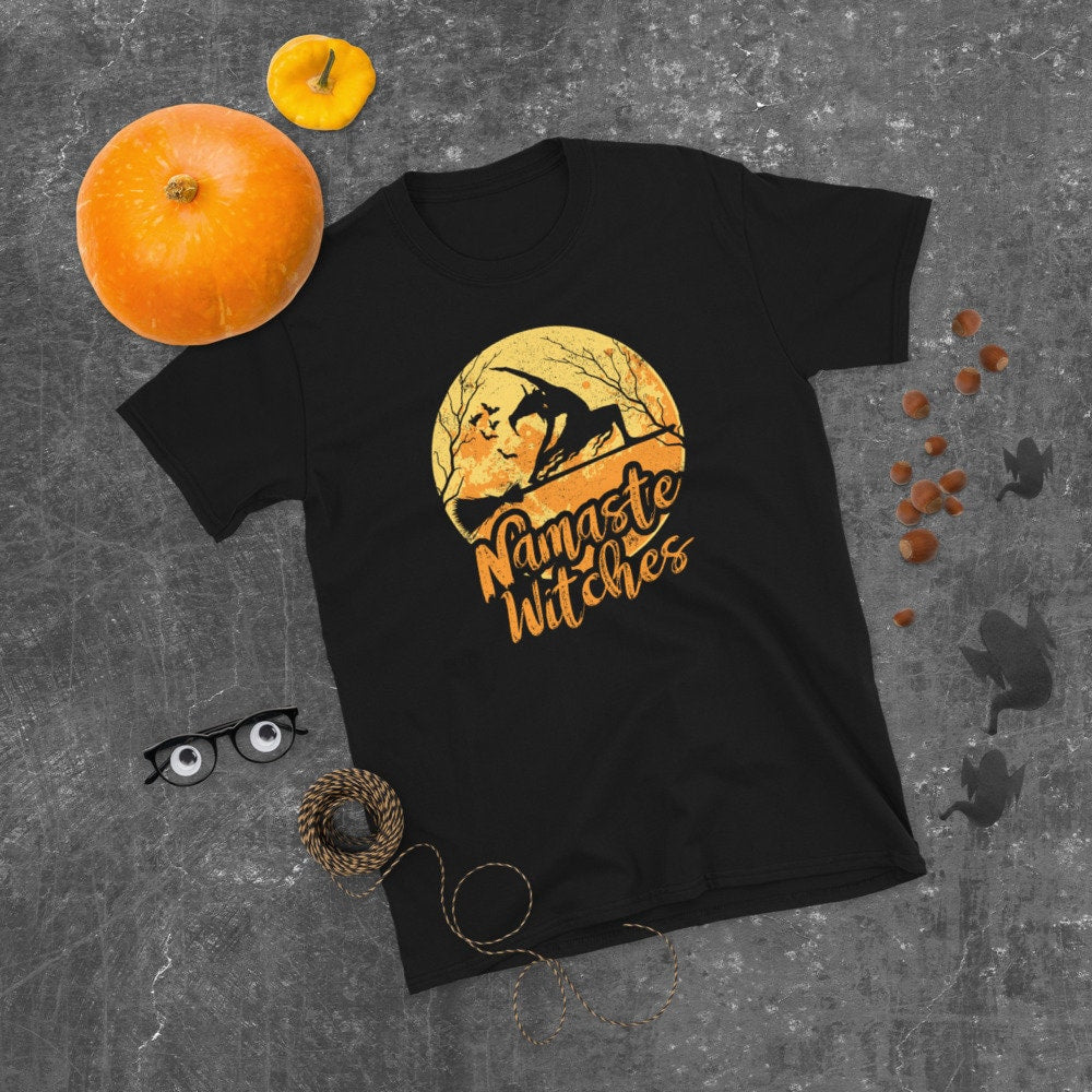 Namaste Witches Yoga on Broom Halloween T Shirt Graphic Tee – Cozy Vibes · Trending Graphic Apparel