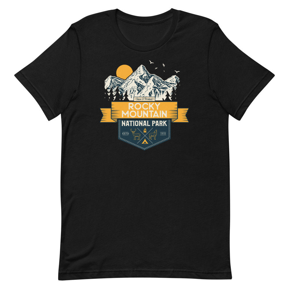 Rocky Mountain Retro Sunset National Park T Shirt Graphic Tee – Soft Feel · Must-Have Style