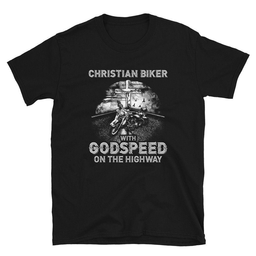 Christian Biker With Godspeed On The Highway Short Sleeve Unisex T Shirt Graphic Tee – Premium Graphic · Perfect For Daily Wear