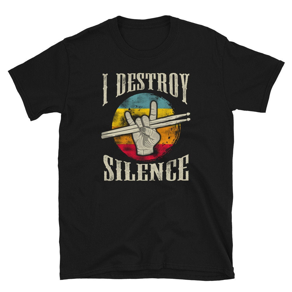 Retro Drumsticks Mano Cornuta Rock and Heavy Metal I Destroy Silence Short Sleeve Unisex T Shirt Graphic Tee – Feel-Good Design · Great Gift For Fans