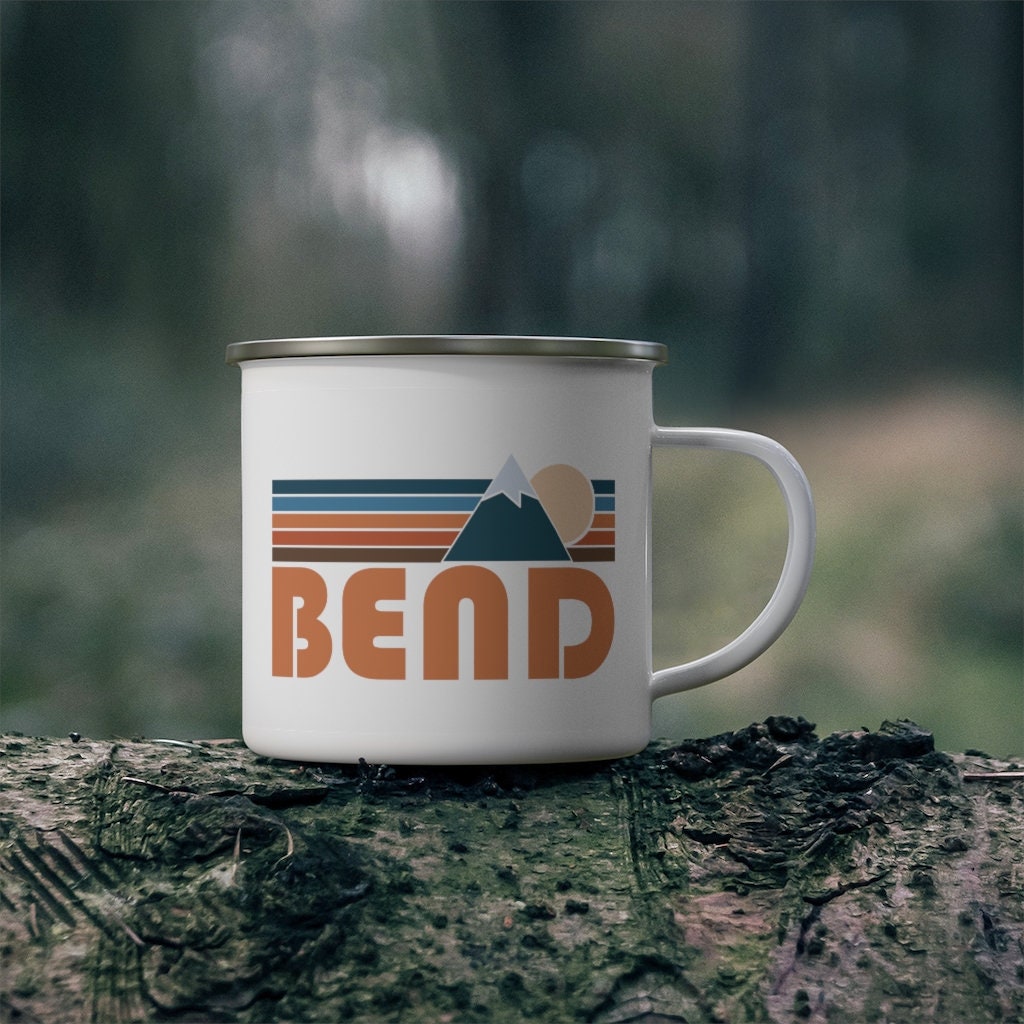 Bend Oregon Camp Mug 12oz Retro Mountain Enamel Campfire Bend Mug Personalization Available Graphic Tee – Fan Favorite · Perfect For Daily Wear