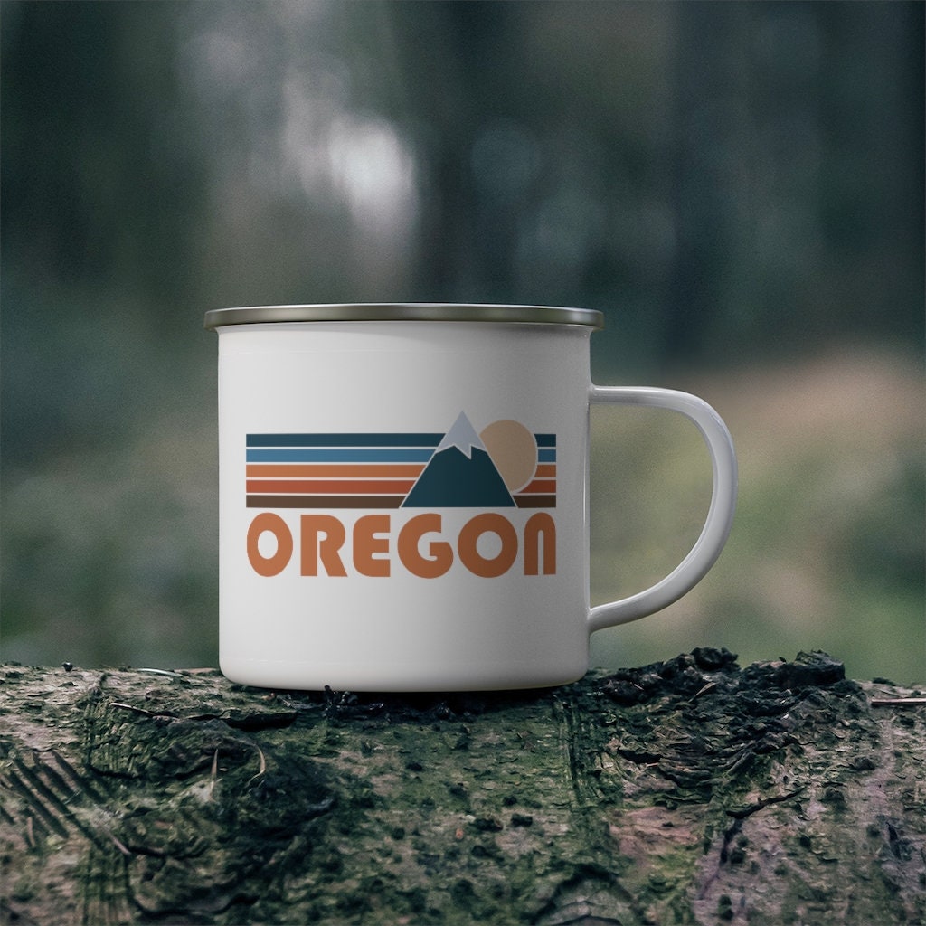 Oregon Camp Mug 12oz Retro Mountain Enamel Campfire Oregon Mug Personalization Available Graphic Tee – Premium Graphic · Top Pick For Any Outfit