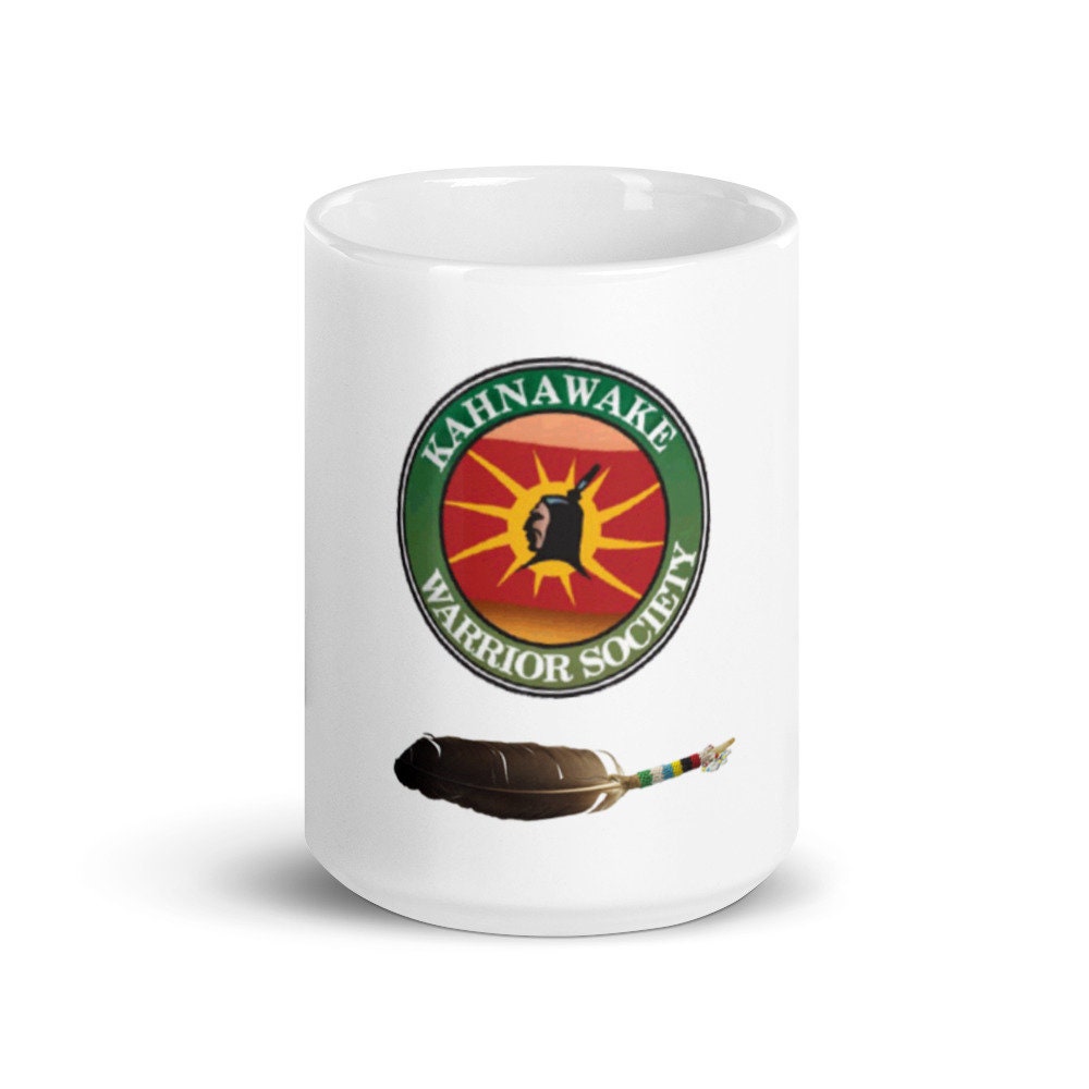 Kahnawake Warrior Society Peace Feather White Ceramic Glossy Coffee Mug Graphic Tee – Bold Style · Trending Graphic Apparel