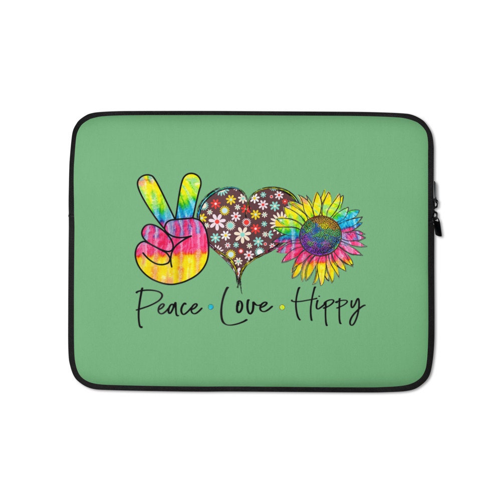 Peace Love Hippy Sunflower Green Laptop Sleeve Graphic Tee – Aesthetic Look · Trending Graphic Apparel