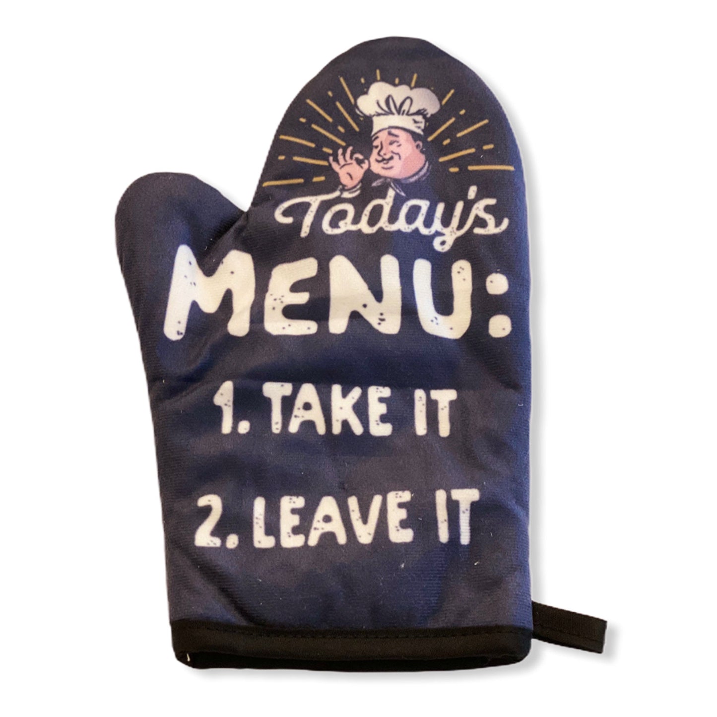 Today39s Menu Take It Leave It Oven Mitt Housewarming Gift Pot Holder Christmas Gift Hostess Gift Funny Oven Mitts Rude Aprons Graphic Tee – Everyday Comfort · Trending Graphic Apparel