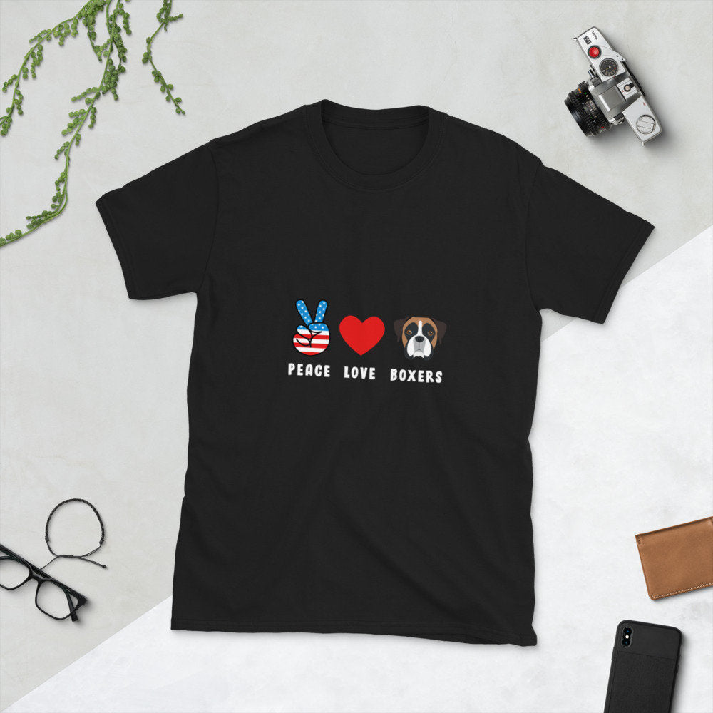 Peace Love Boxers Dogs Short Sleeve Unisex T Shirt Graphic Tee – Warm & Stylish · Top Pick For Any Outfit
