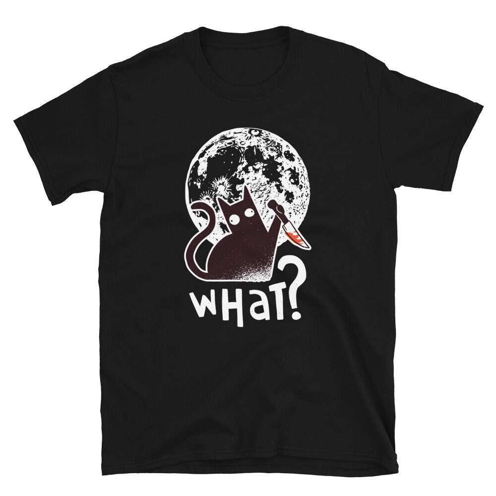 What Moon and Scary Black Cat Scary Halloween Unisex T Shirt Graphic Tee – Soft Feel · Trending Graphic Apparel