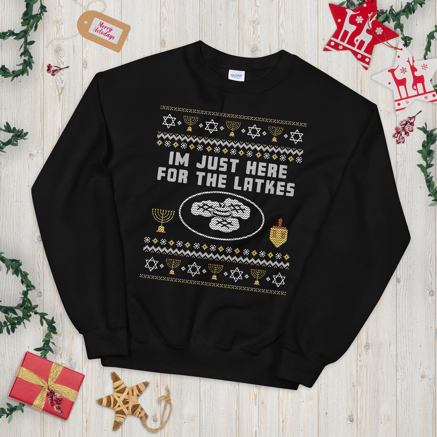 I39m Just Here for the Latkes Ugly Christmas Sweater Graphic Tee – Warm & Stylish · Great Gift For Fans