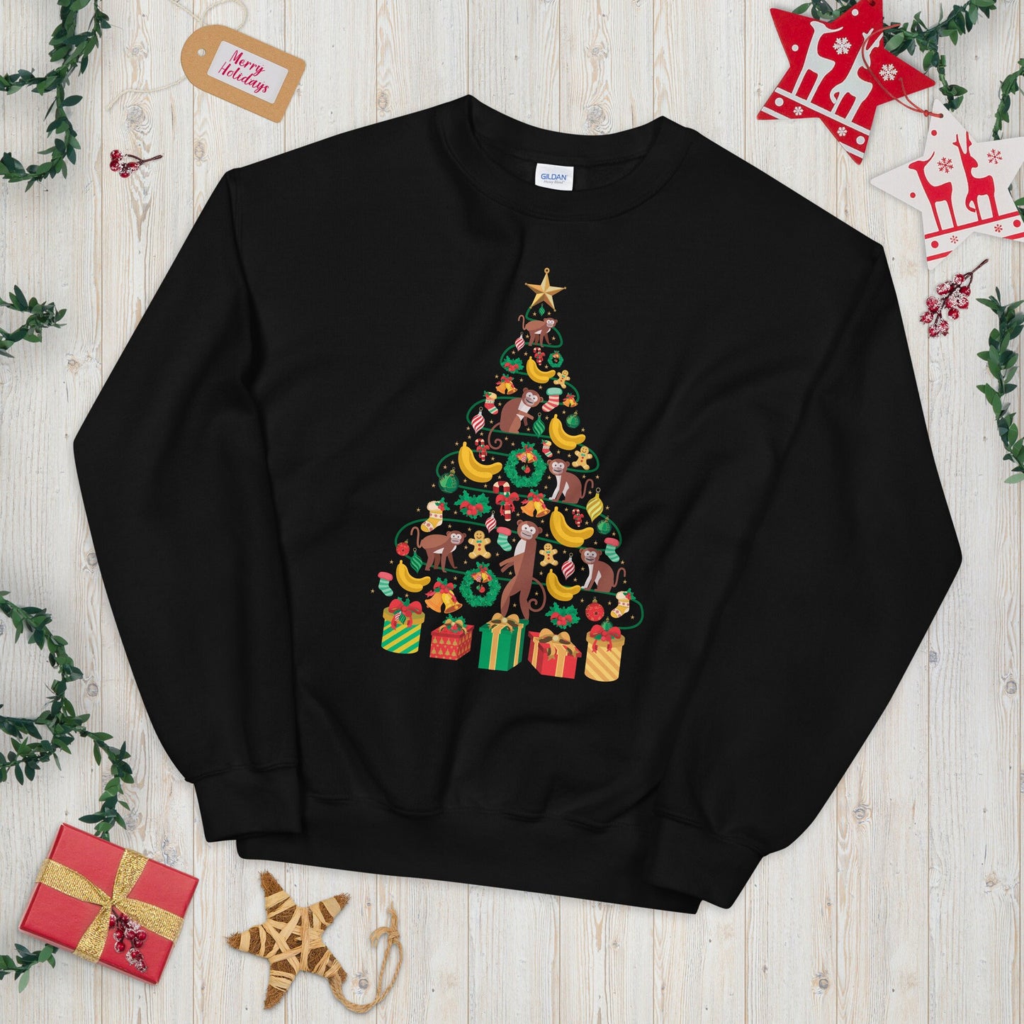 Festive Monkey Banana Christmas Tree Ape Sweater Graphic Tee – Premium Graphic · Great Gift For Fans