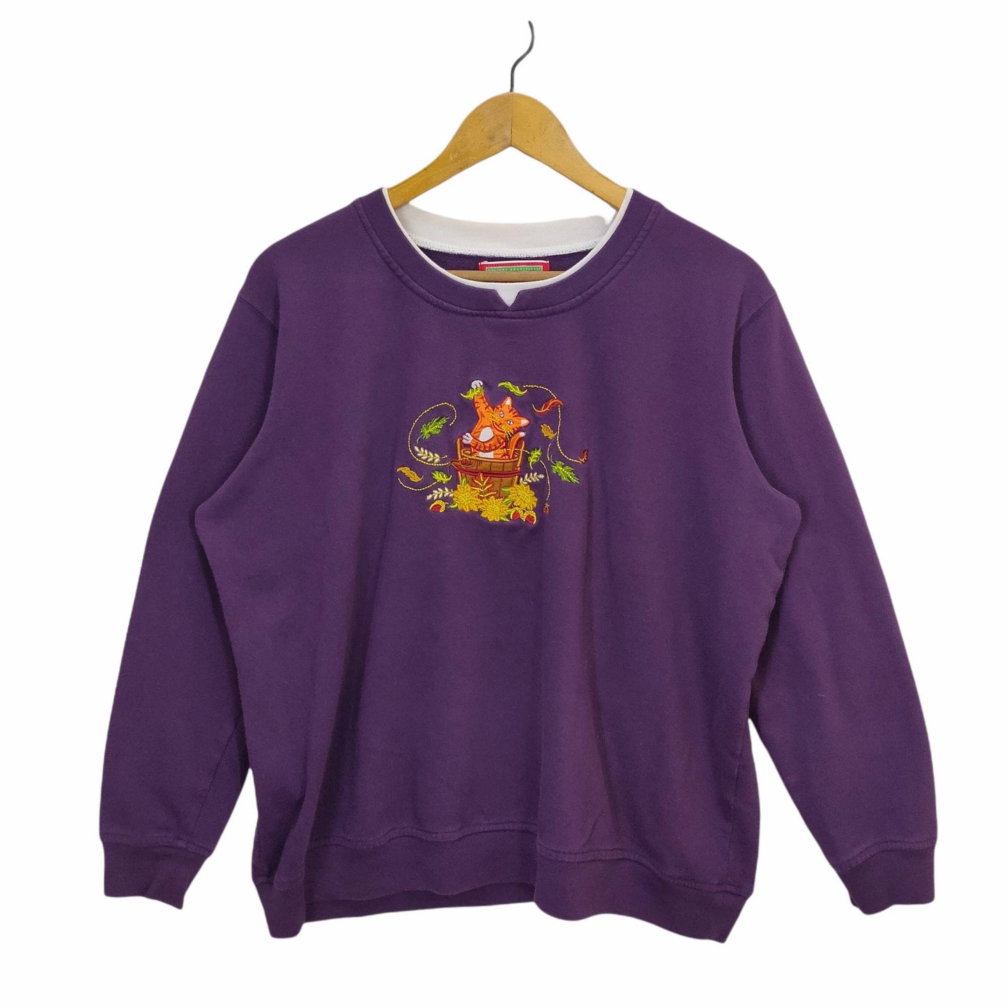 Y2K Cute Cat Crewneck Sweatshirt Small Vintage Holiday Traditional Sweater Jumper Pullover Animal Graphics Embroidery Purple Womens Size XL Sweatshirt – Premium Graphic · Must-Have Style
