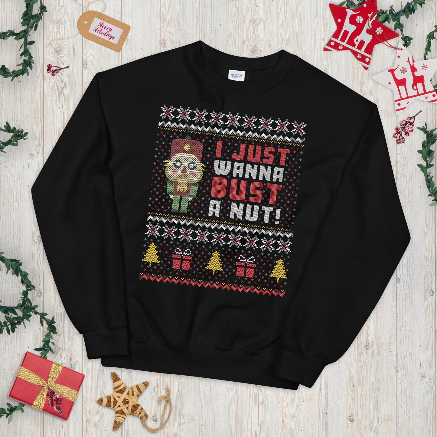 I Just Wanna Bust a Nut Funny Ugly Christmas Sweater Funny Nutcracker Graphic Tee – Soft Feel · High-Quality Print