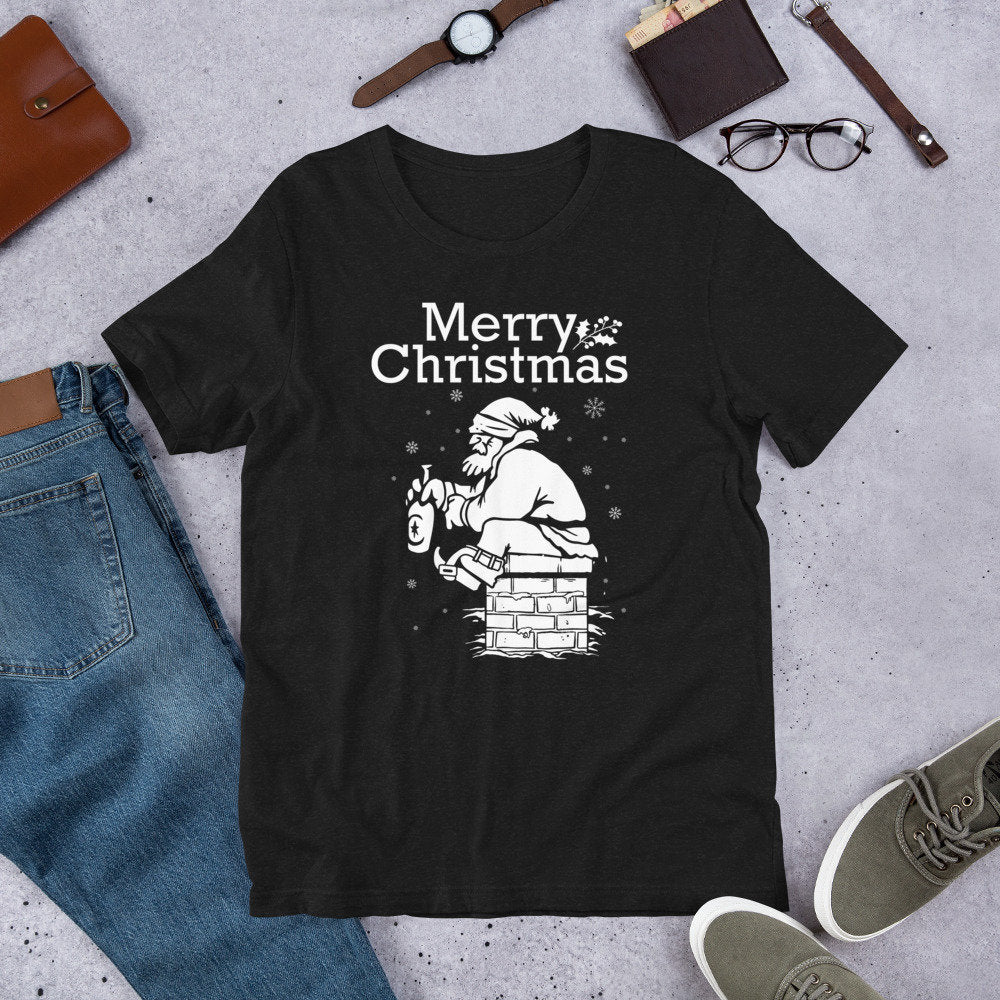 Merry Christmas Drinking Santa on Chimney Unisex T Shirt Graphic Tee – Cozy Vibes · Top Pick For Any Outfit