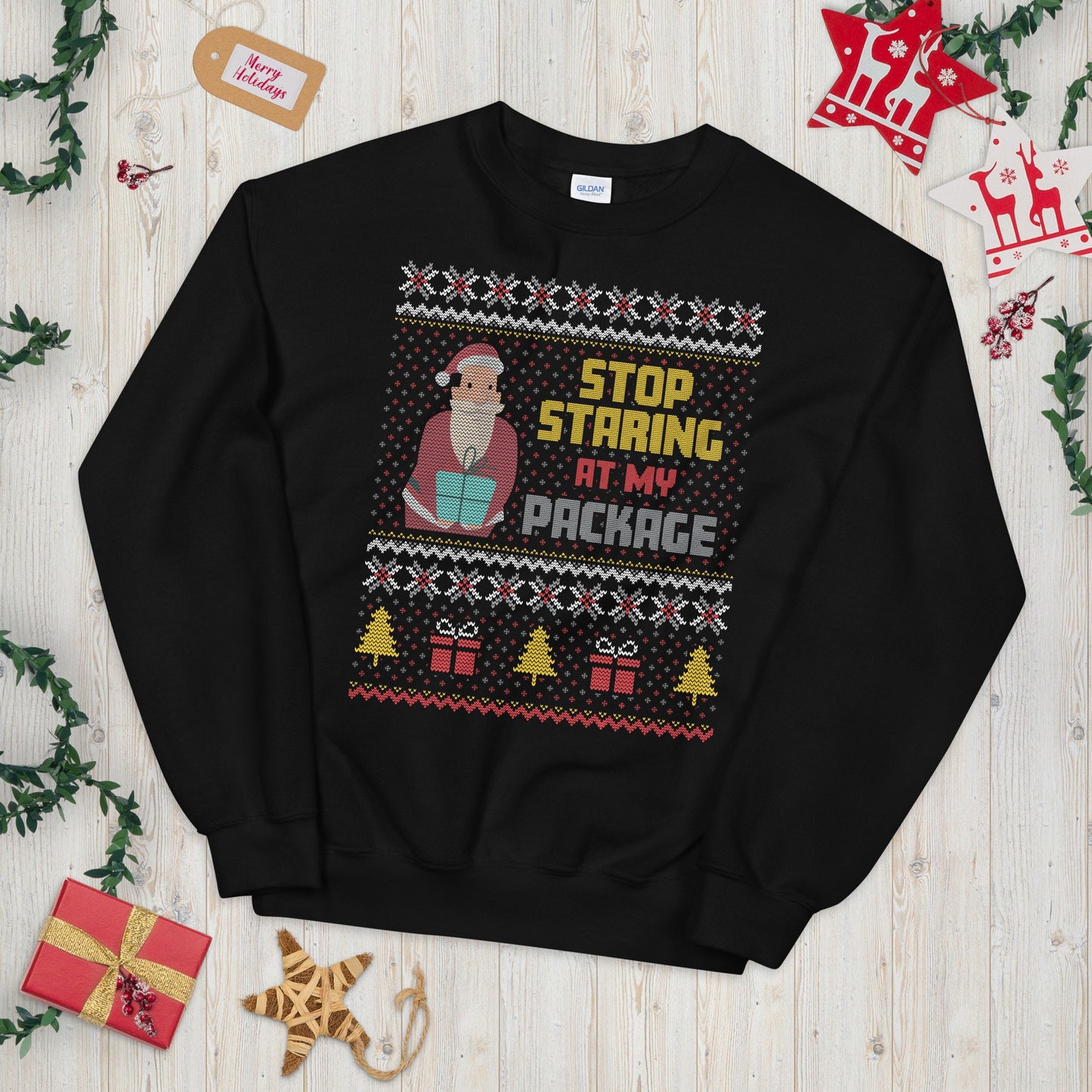 Stop Staring at my Package Funny Ugly Xmas Sweater Graphic Tee – Bold Style · High-Quality Print